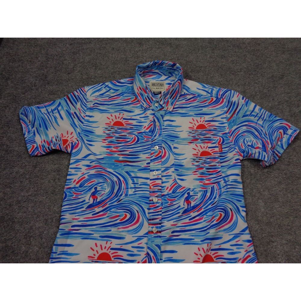 RSVLTS Shirt Mens S Blue Waves Surfer Sunset Hawaiian Dare Mighty Things - Picture 2 of 12